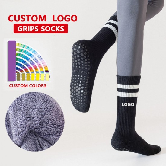 Custom Logo OEM Terry Cotton Pilates Socks Non-Slip Women Tube Yoga Socks Silicon Sport Anti Slip Dance Sports Crew Socks